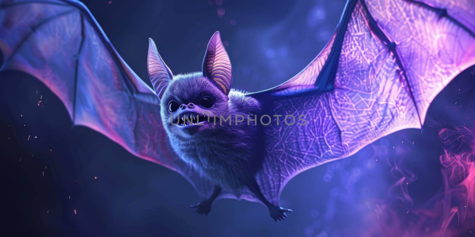 Portrait of flying bat isolated on dark blue and purple background by Kadula