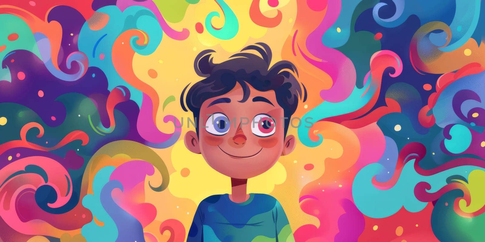 Cartoon kid with ADHD syndome on a colorful background