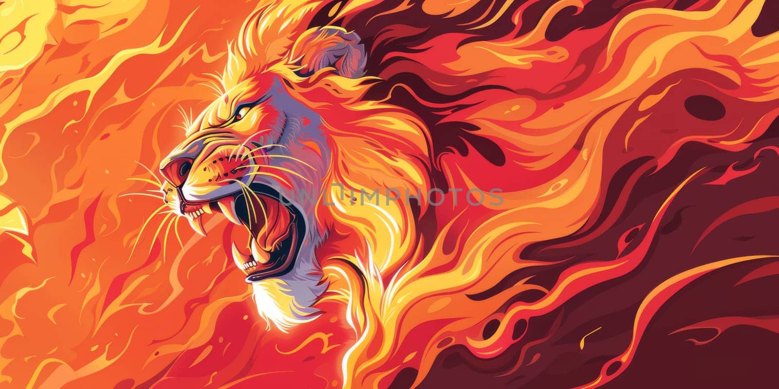 Angry, fiery portrait of lion isolated on the molten red and orange background by Kadula