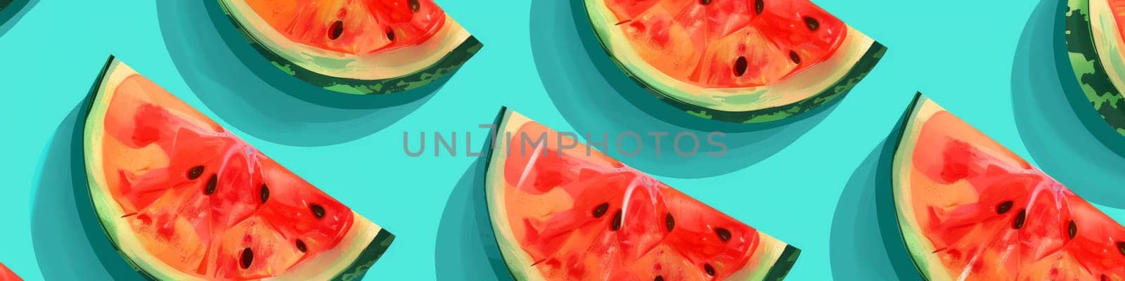 Top view to slices of a red melon isolated on bright teal background, fruit food concept