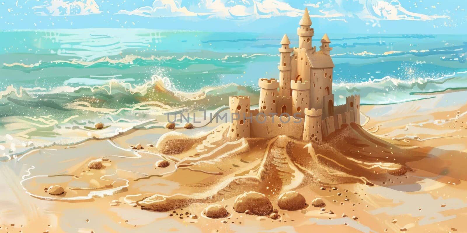 Cartoon detail to sand castle at the beach, vacation concept by Kadula