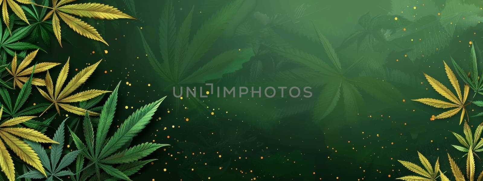 Cartoon marijuana on the left side on the abstract green and gold background with copy space by Kadula