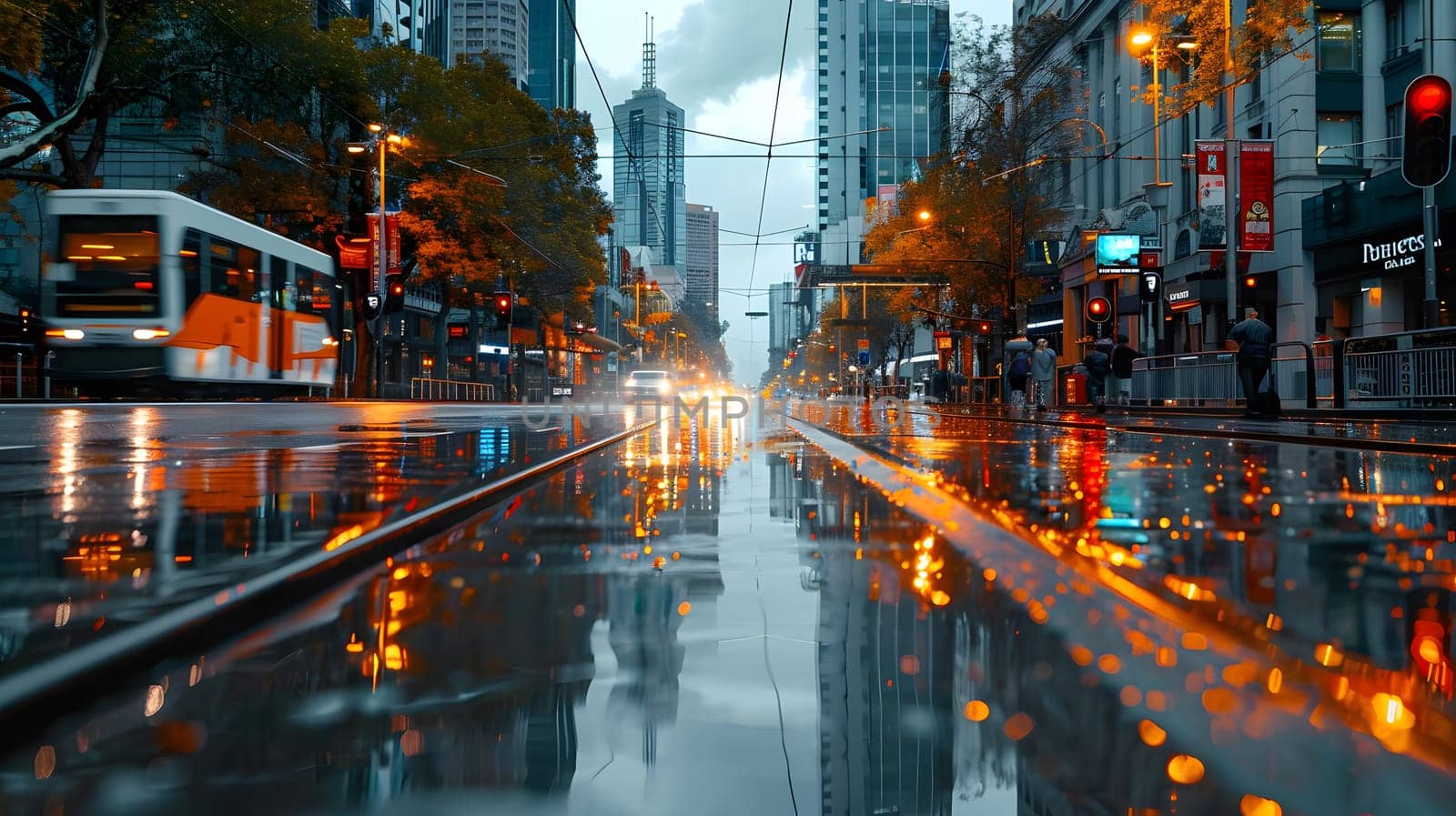 a train is going down a wet city street . High quality