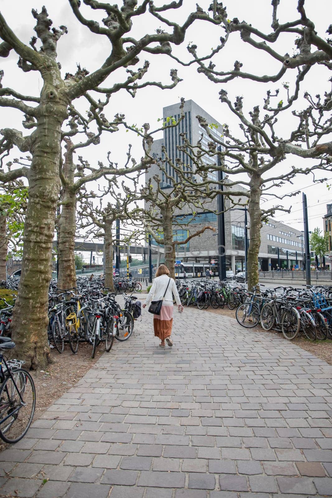 Ghent, Belgium, May 5, 2022: Virginie Loveling Building, Flemish Community Center,parking lot with bicycles in city by KaterinaDalemans