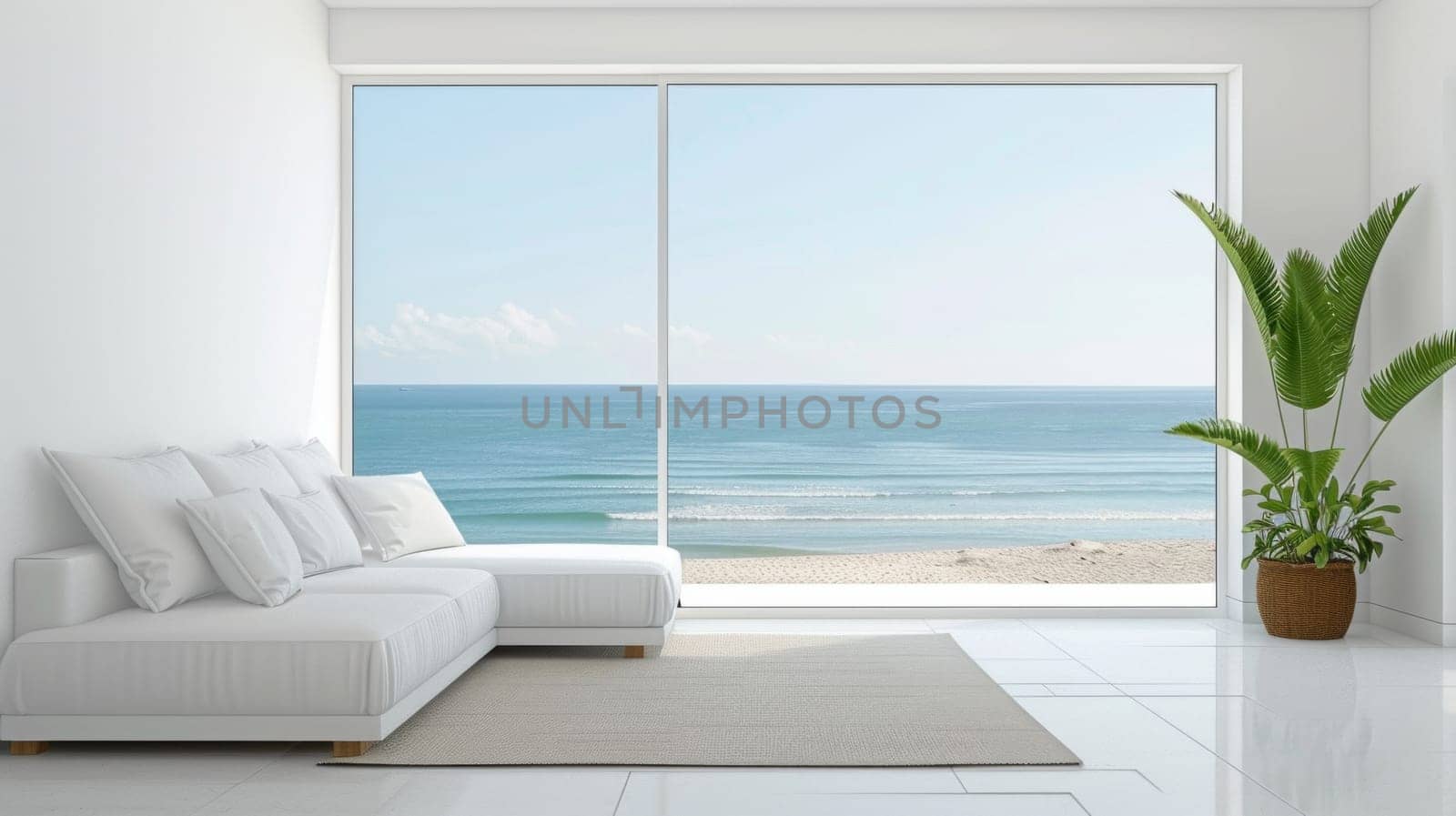 Summer Villa Interior with access to beach and sea views. Copy space.