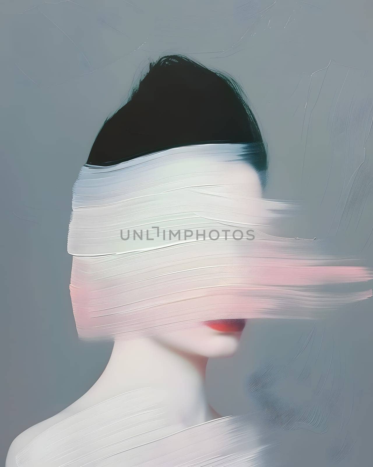 Blurred image of a womans face with a bandage on it, wearing a bridal accessory by Nadtochiy