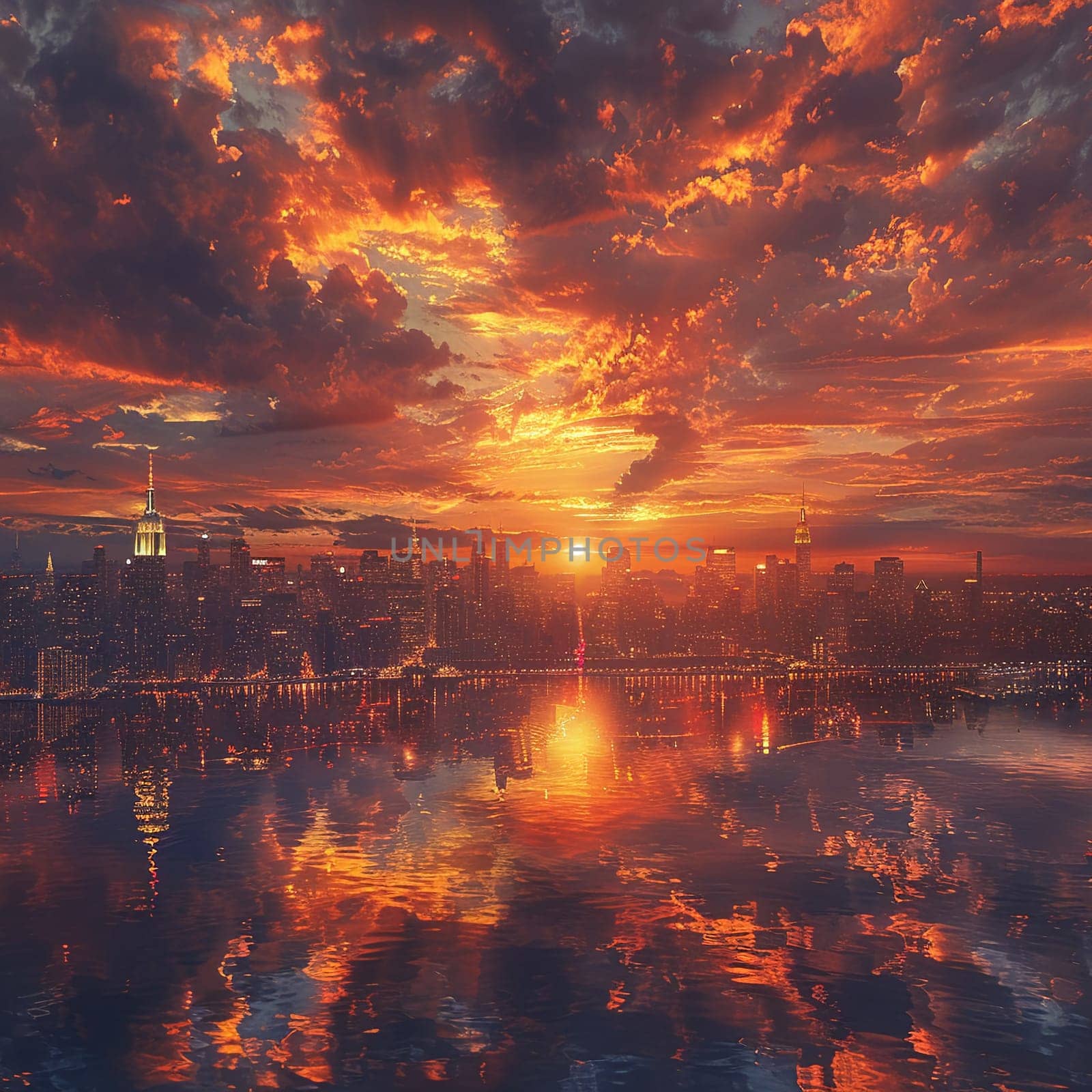 Vivid sunset reflecting on a cityscape by Benzoix