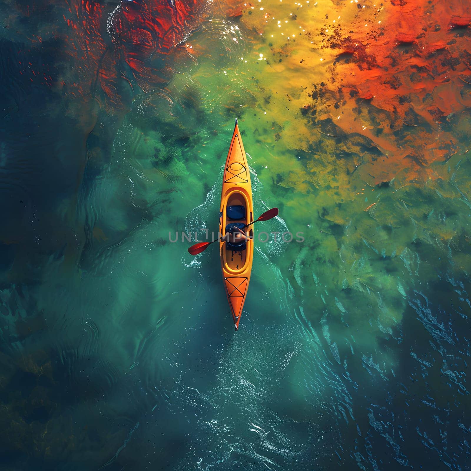 Observing a person in a kayak from an aerial view as they navigate the waters, surrounded by underwater marine organisms like fish and koi