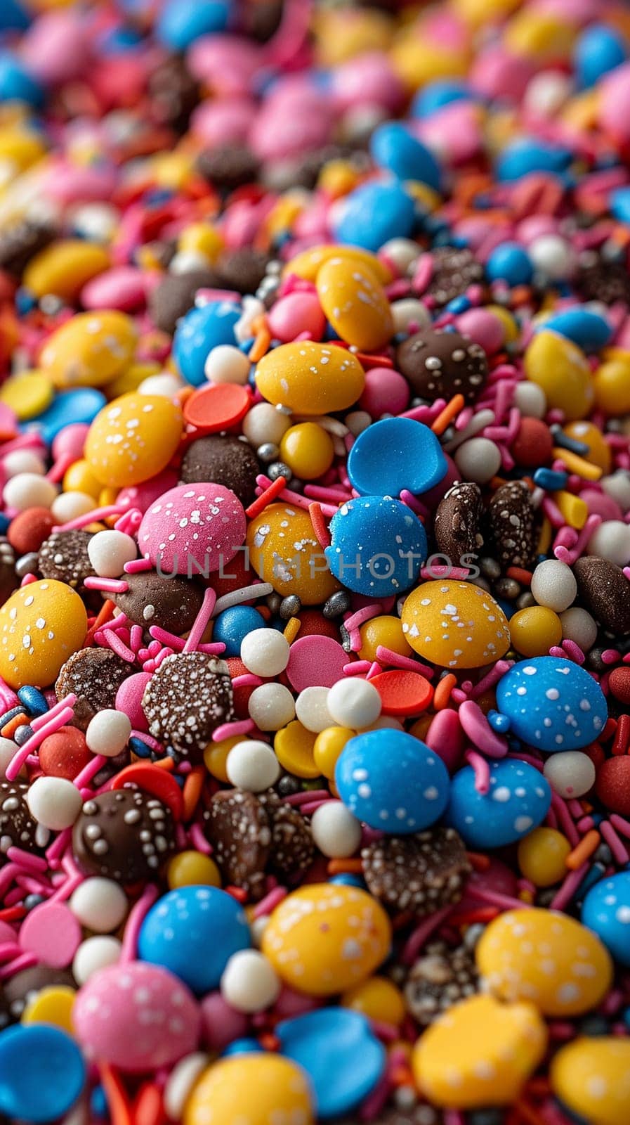 Macro shot of colorful sprinkles on a white background, creating a playful and vibrant texture.