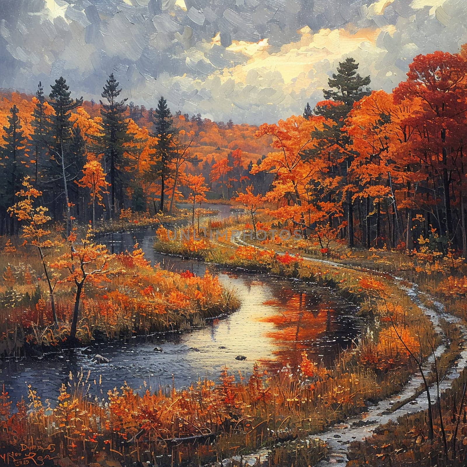 Winding river through a vibrant autumn forest, capturing natural beauty and seasonal change.