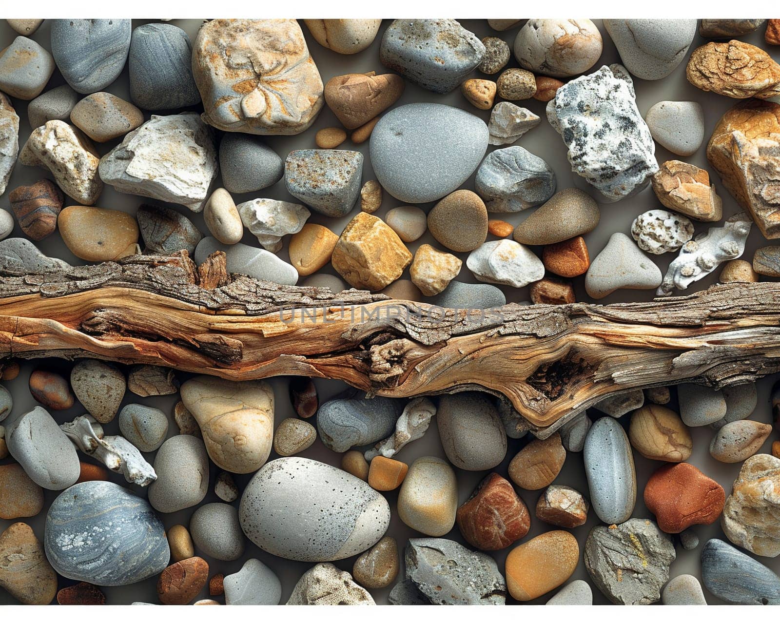 The contrasting textures of smooth pebbles and rough driftwood on a beach by Benzoix