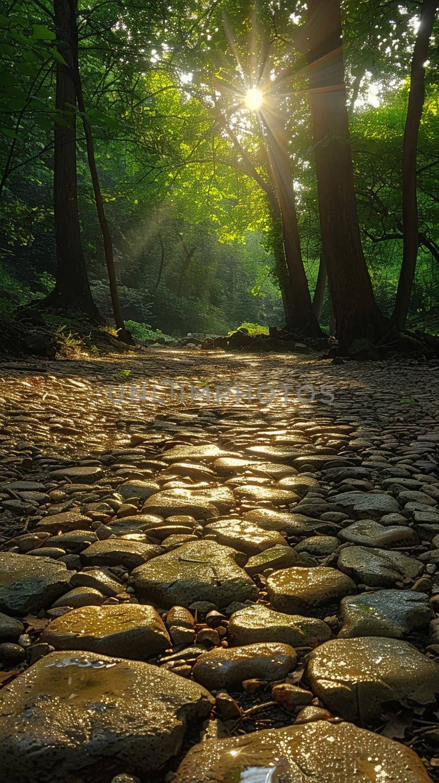 Shadows cast by a forest canopy on a woodland floor, creating a natural mosaic of light and dark.