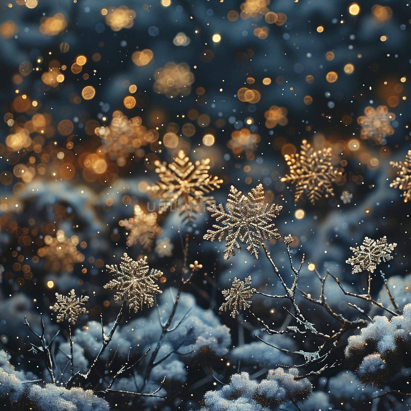 Snowflakes gently falling against the backdrop of a night sky, illustrating the silence of winter.