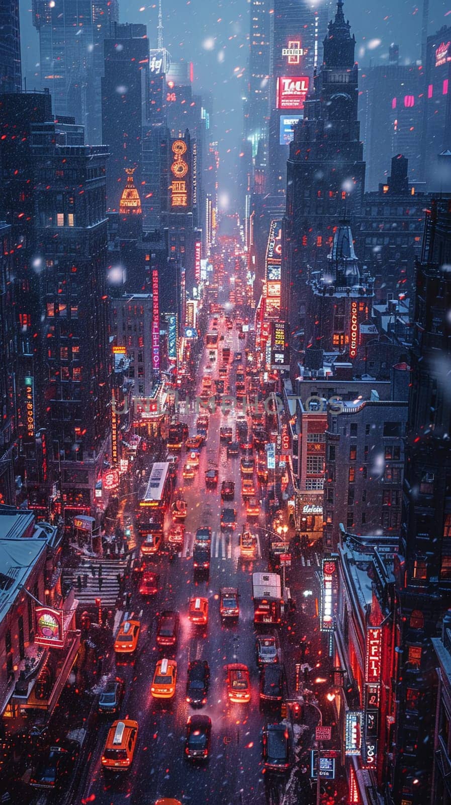 A bustling city view from above, illuminated by lights at twilight, representing urban life and energy.