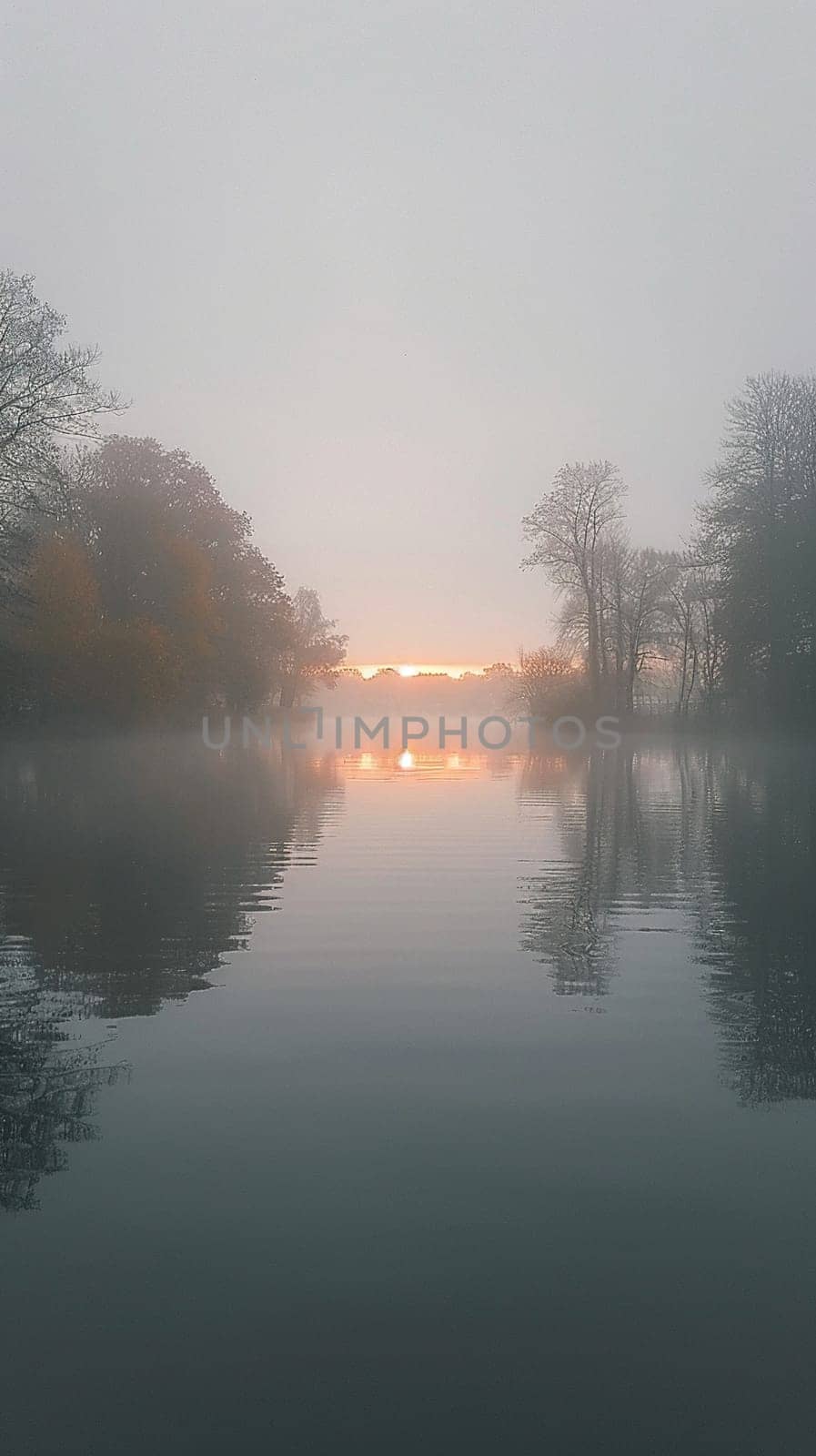 A blanket of fog over a calm lake at dawn by Benzoix