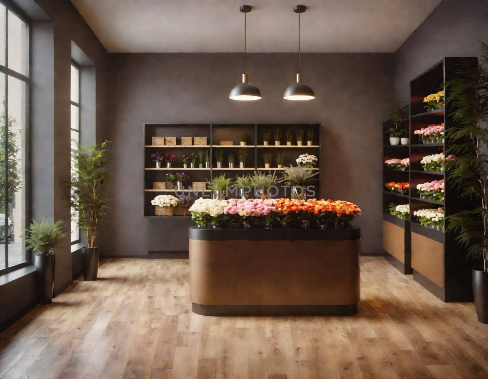 Modern flower shop interior. Interior design of flower shop or store, Copy space