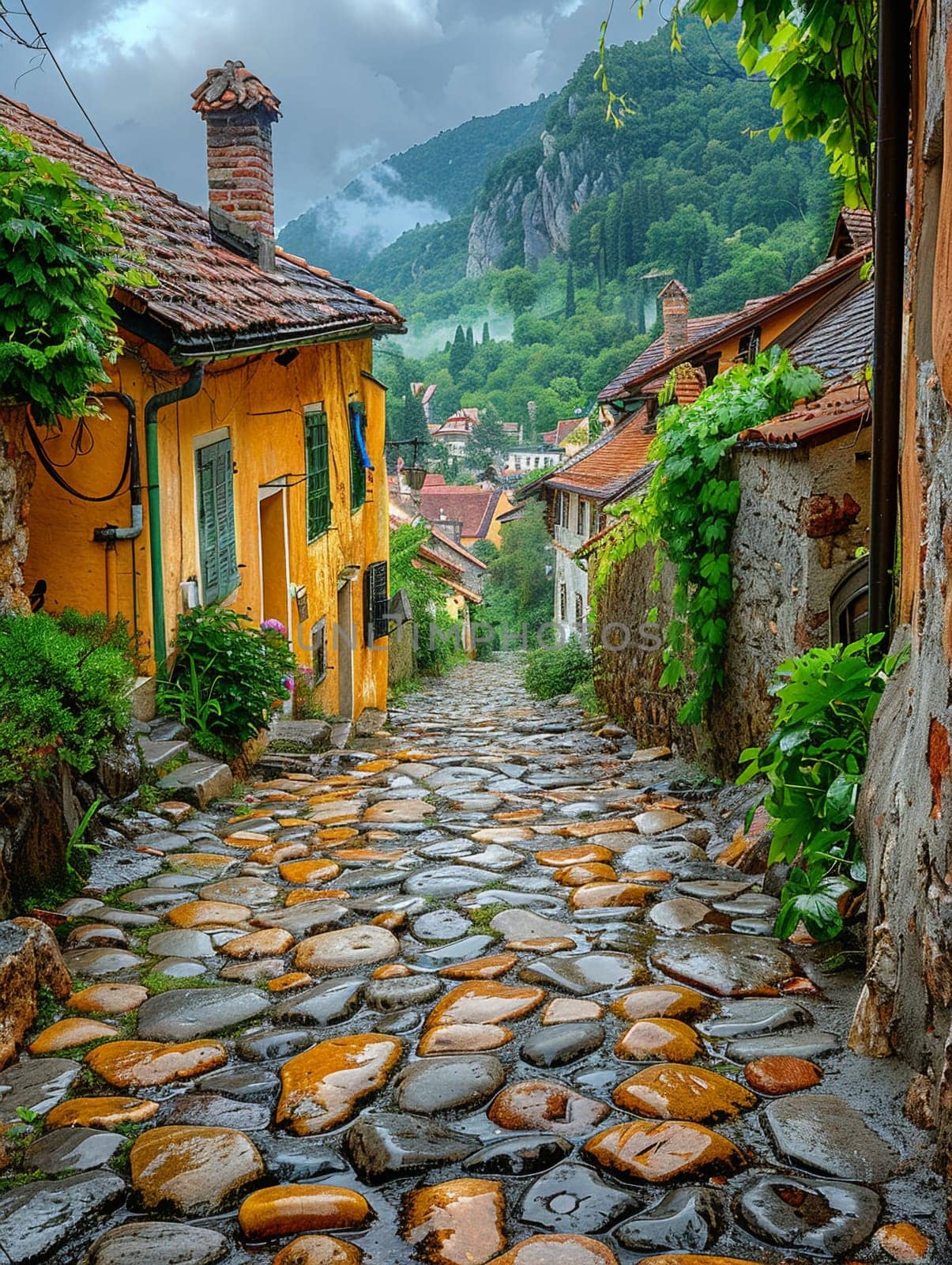 Worn cobblestone street in historic town by Benzoix