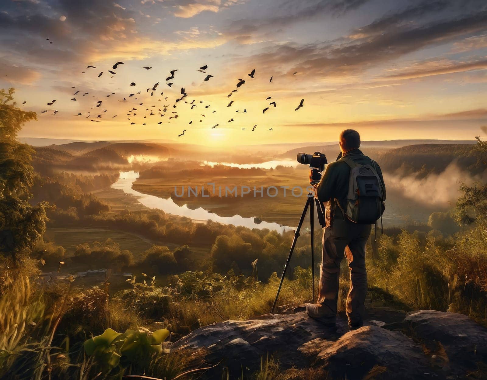 Birdwatcher on sunrise with tripod and camera take shot on birds. Amazing landscape and birdwatcher silhouette with camera. Wildlife photography concept