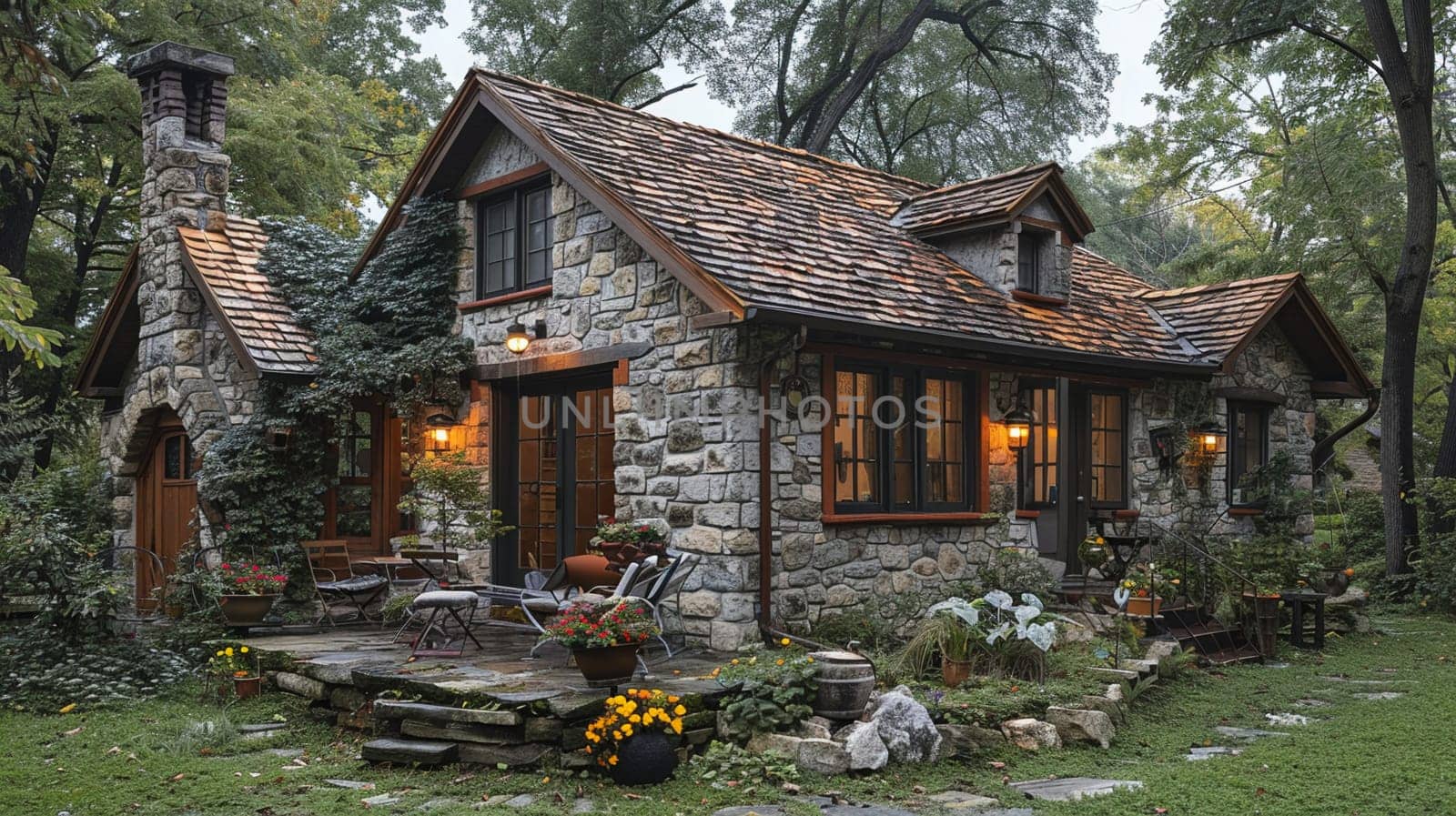 A quaint stone cottage in a lush garden, offering a storybook setting.