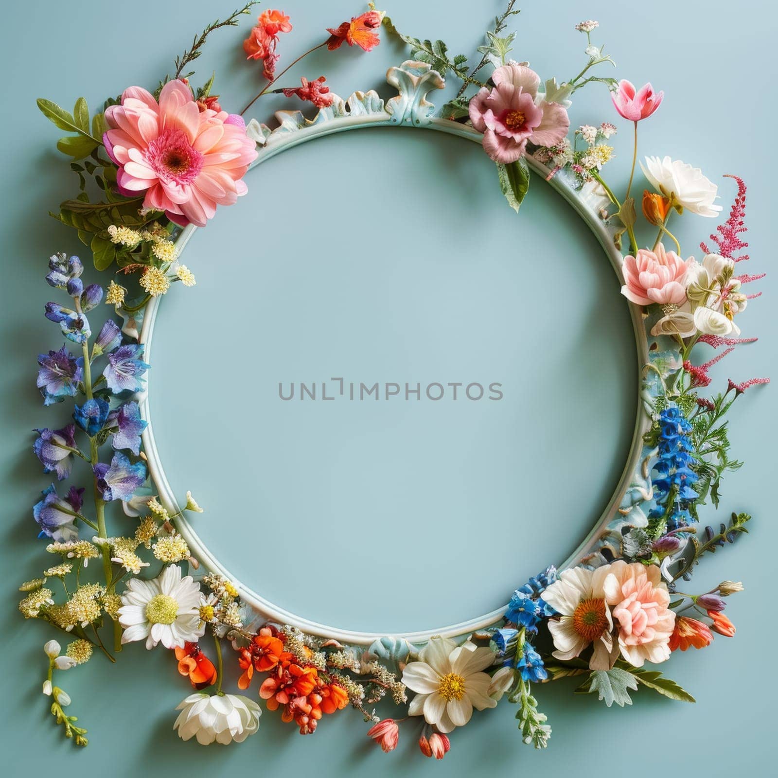 Wedding elegant flower frame on a light blue background. Generative AI by itchaznong