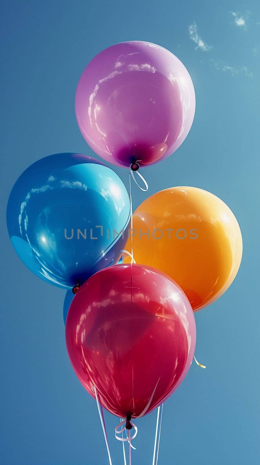 Balloons flying high in a clear blue sky, ideal for freedom and celebration themes.