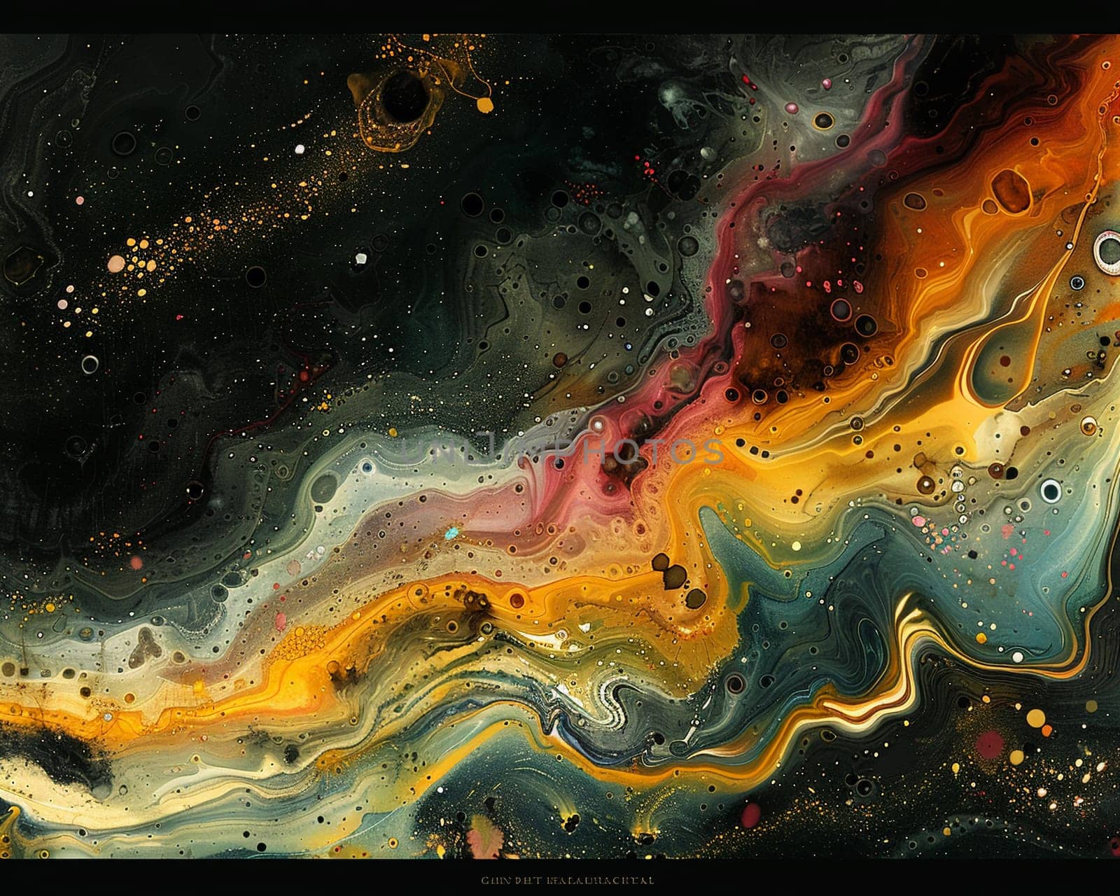 Abstract patterns of oil on water, showcasing the interaction of colors and fluids.