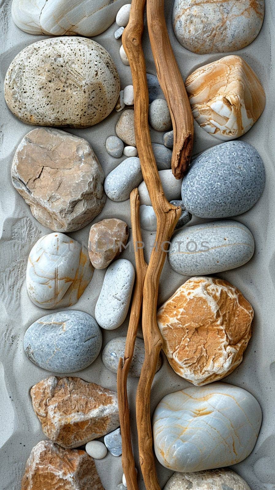 The contrasting textures of smooth pebbles and rough driftwood on a beach by Benzoix