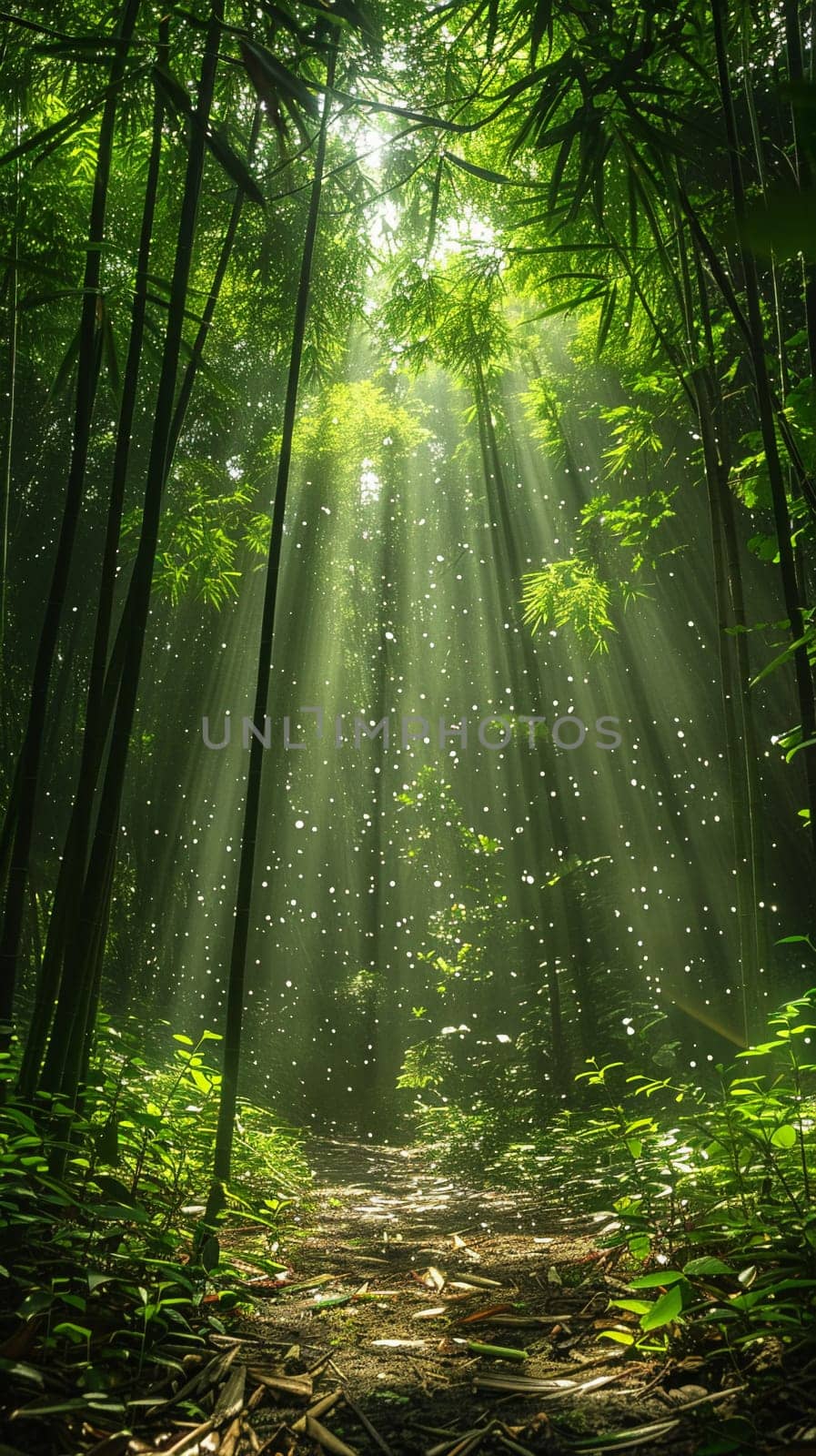 Sunlight casting shadows through a bamboo forest, representing tranquility and natural patterns.