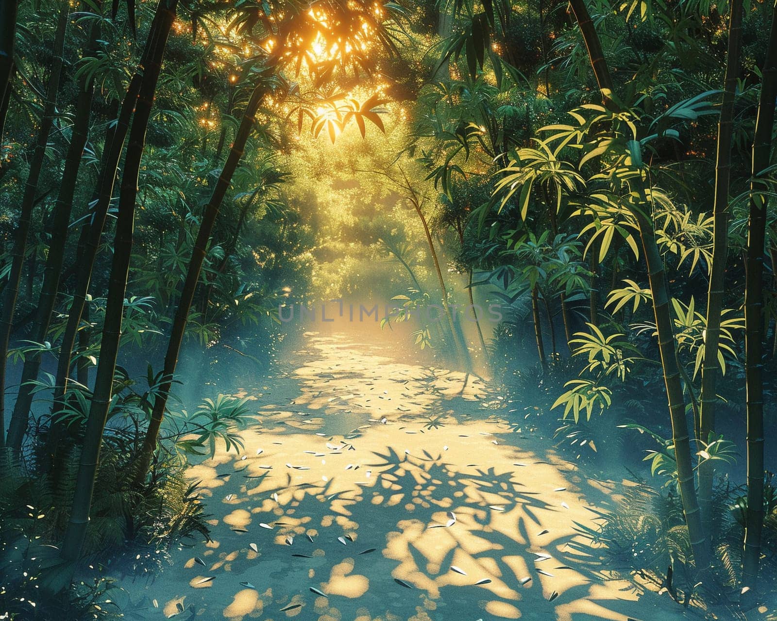 Sunlight casting shadows through a bamboo forest, representing tranquility and natural patterns.