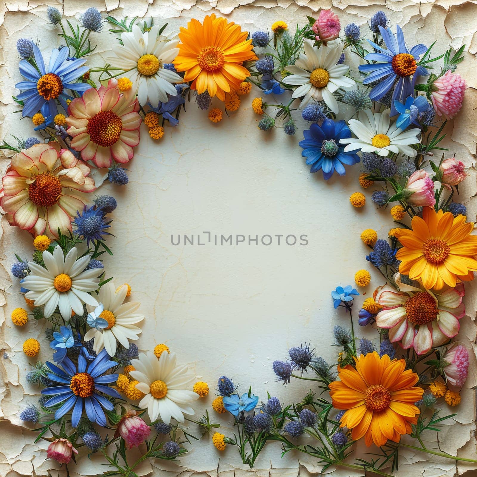 Wedding elegant flower frame on a light blue background. Generative AI by itchaznong
