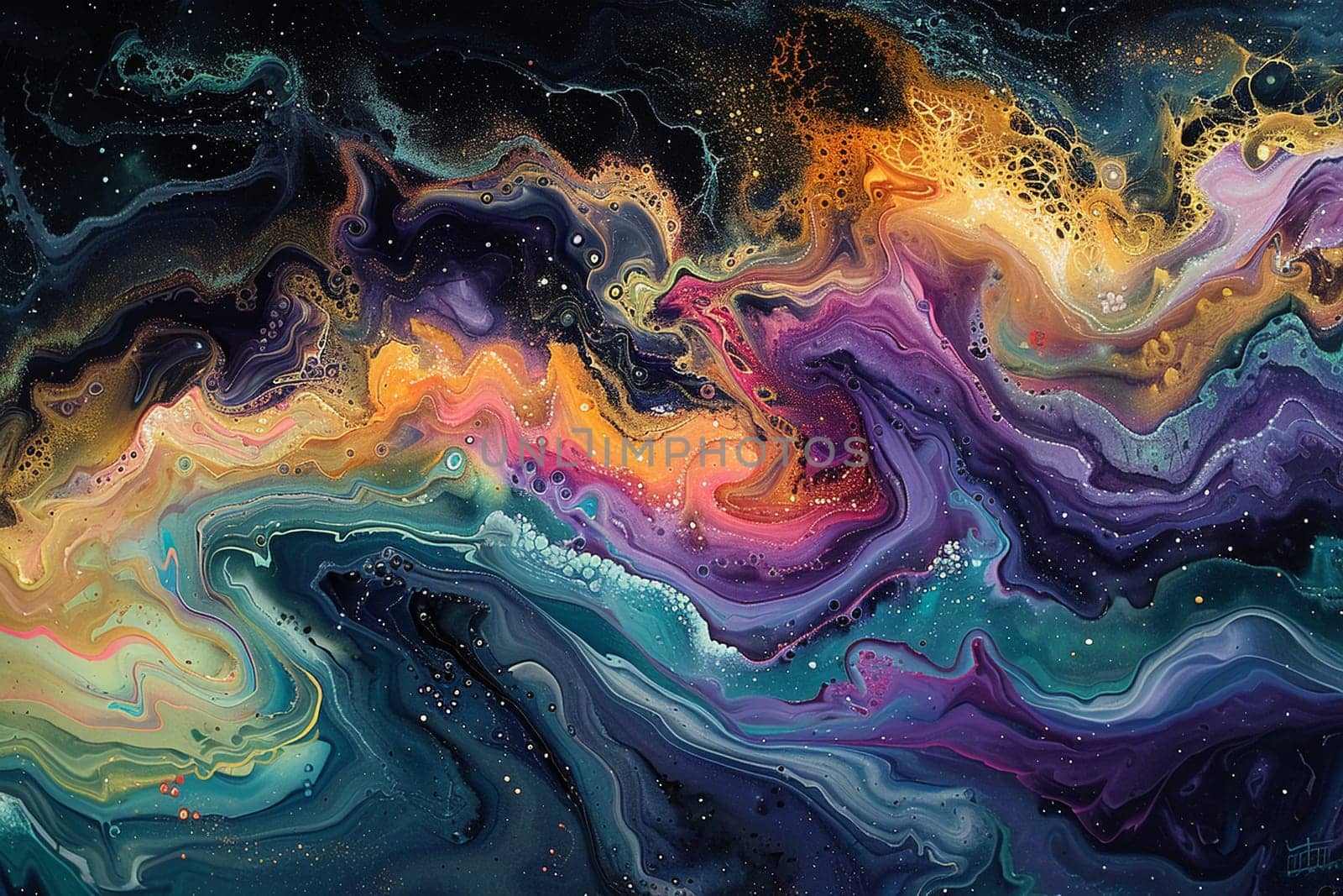 Abstract patterns of oil on water, showcasing the interaction of colors and fluids.