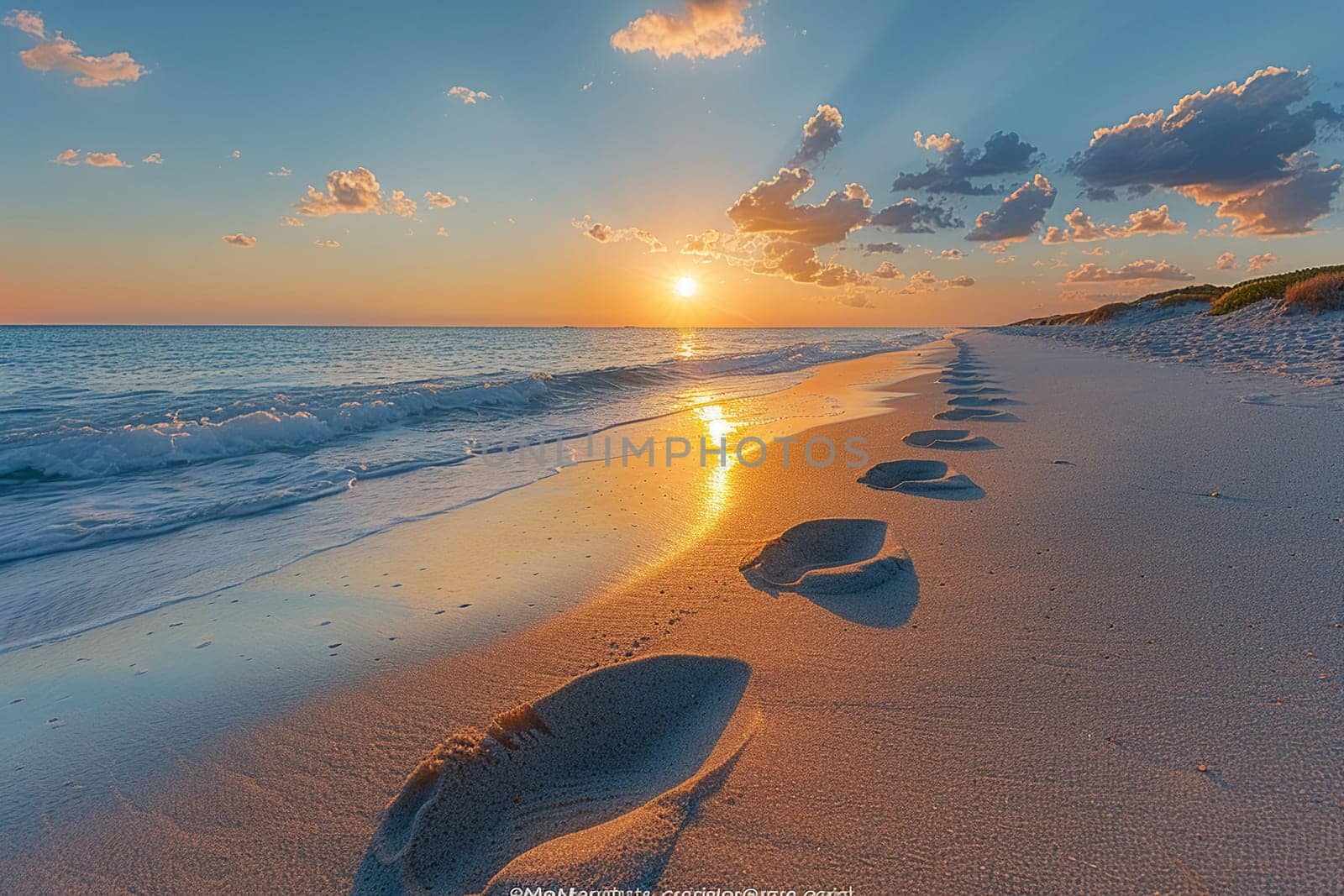 Gentle footprints in the sand leading towards the ocean, symbolizing journey and exploration.