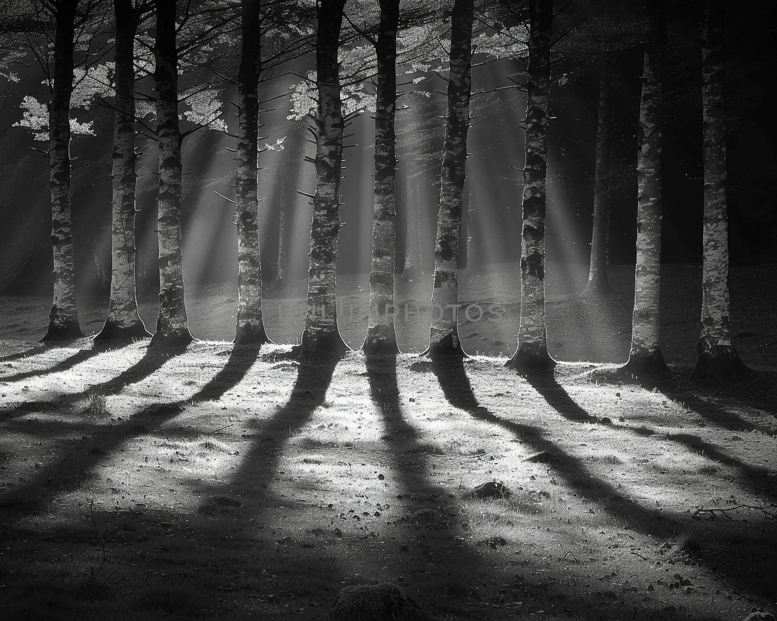 Shadows cast by a forest canopy on a woodland floor, creating a natural mosaic of light and dark.