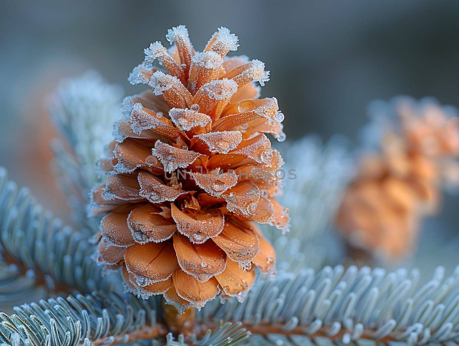 Macro shot of frost on a pine cone, showcasing winter's intricate details.