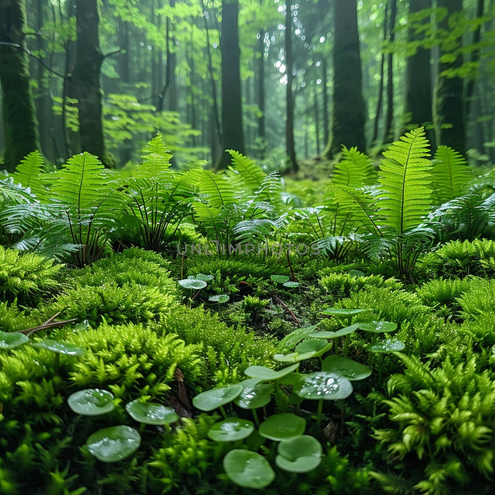Close-up of moss and ferns in a dense forest by Benzoix