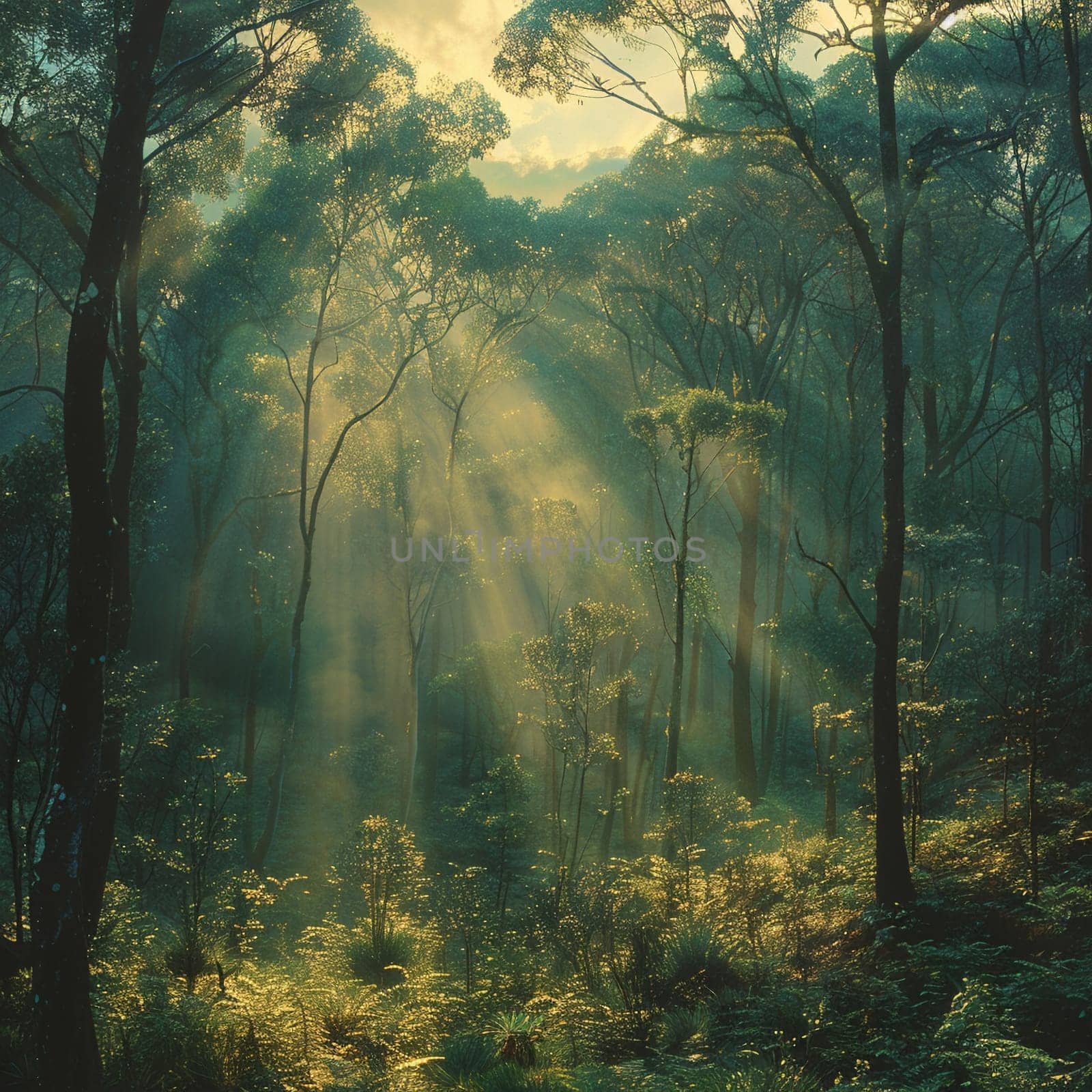 Sunlight filtering through dense forest trees by Benzoix