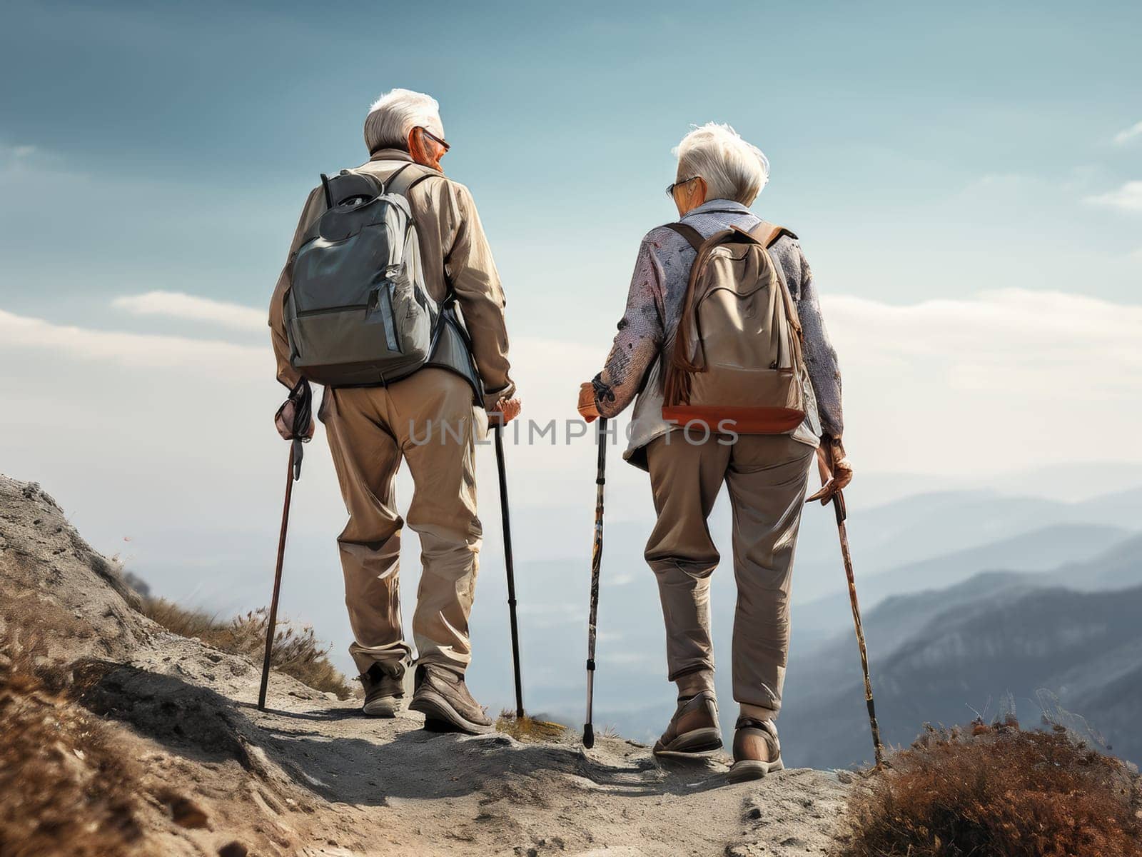 pensioners couple travellers hiking in nature by fascinadora