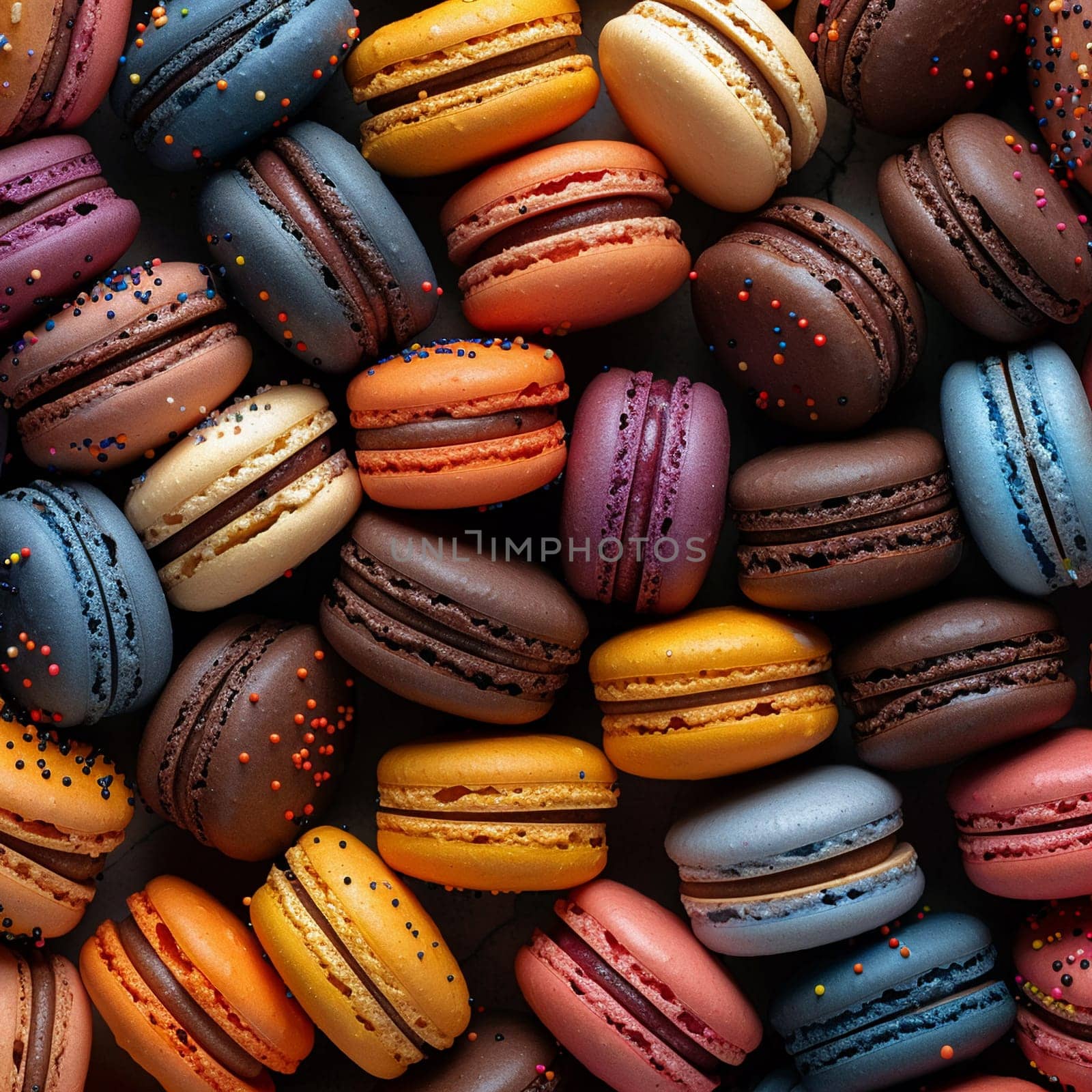 Close-up of colorful macarons arranged in a pattern, representing sweetness and indulgence.