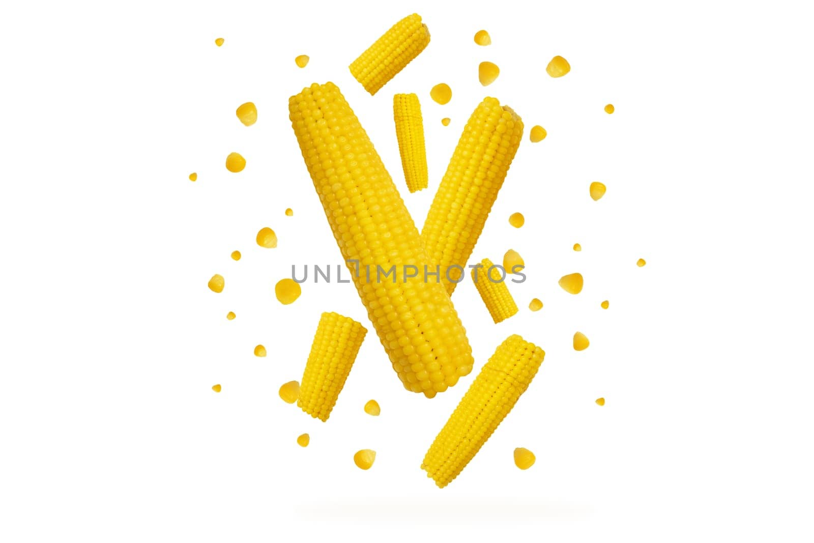 corn cobs flying on a white background, food