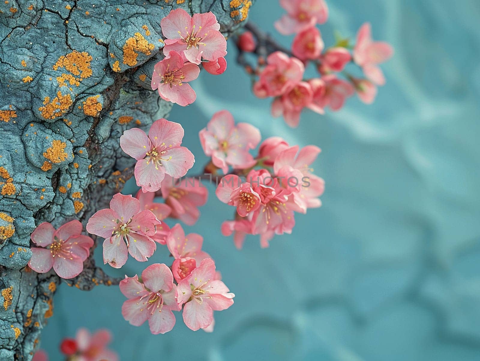 Blooming cherry blossoms against blue sky, ideal for spring and floral themes. Rough bark texture of an old tree, great for nature and rustic designs.