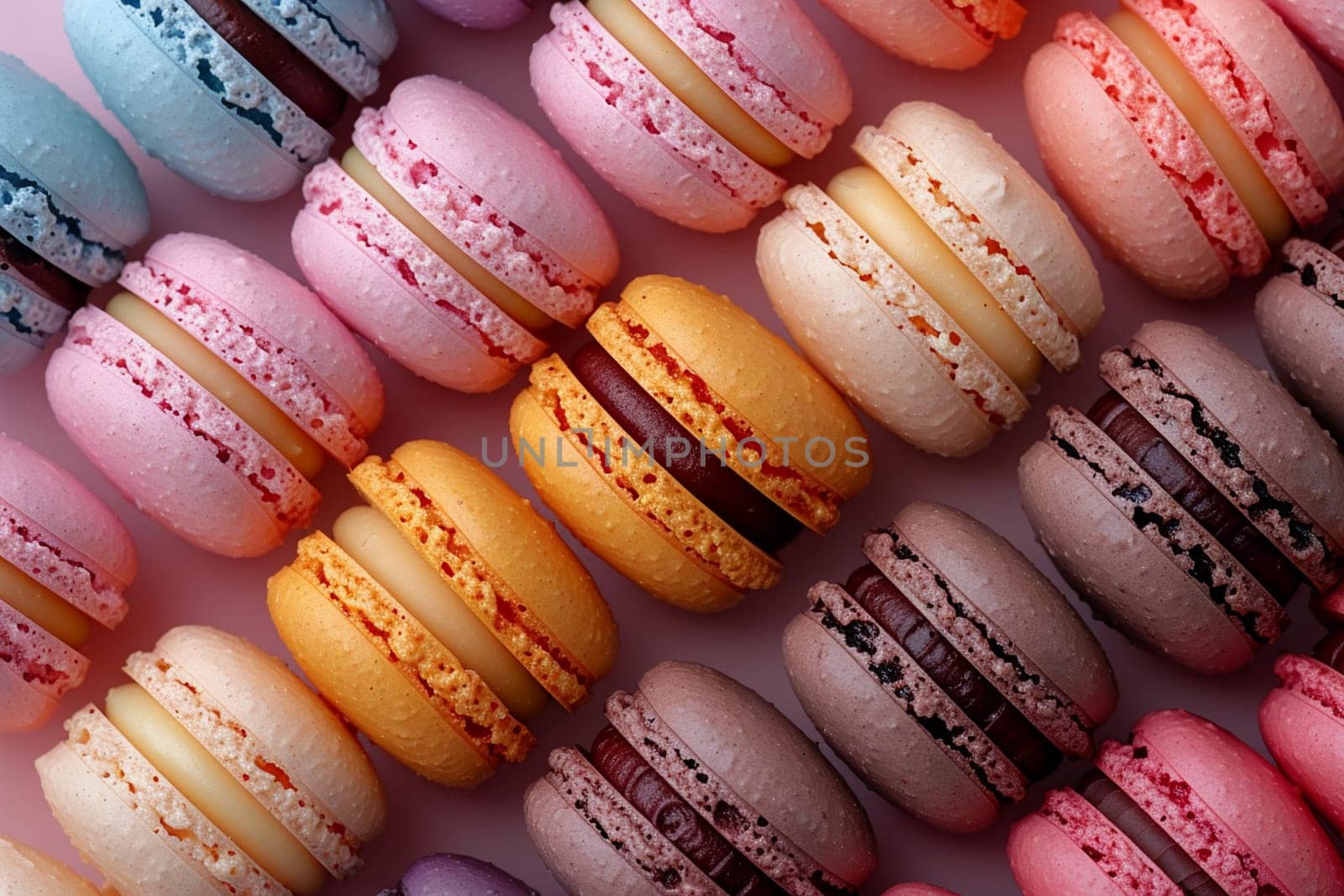 Close-up of colorful macarons arranged in a pattern, representing sweetness and indulgence.