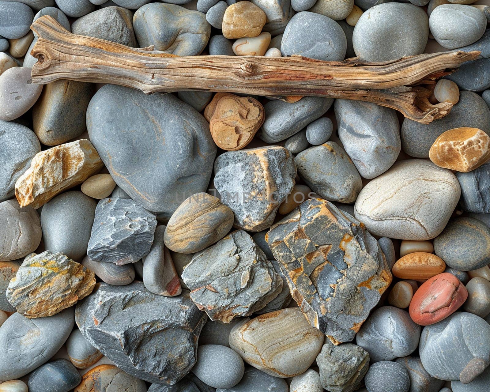 The contrasting textures of smooth pebbles and rough driftwood on a beach by Benzoix