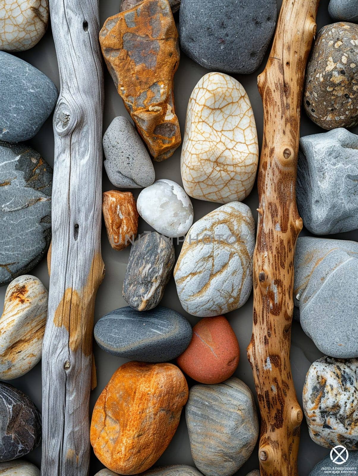 The contrasting textures of smooth pebbles and rough driftwood on a beach by Benzoix