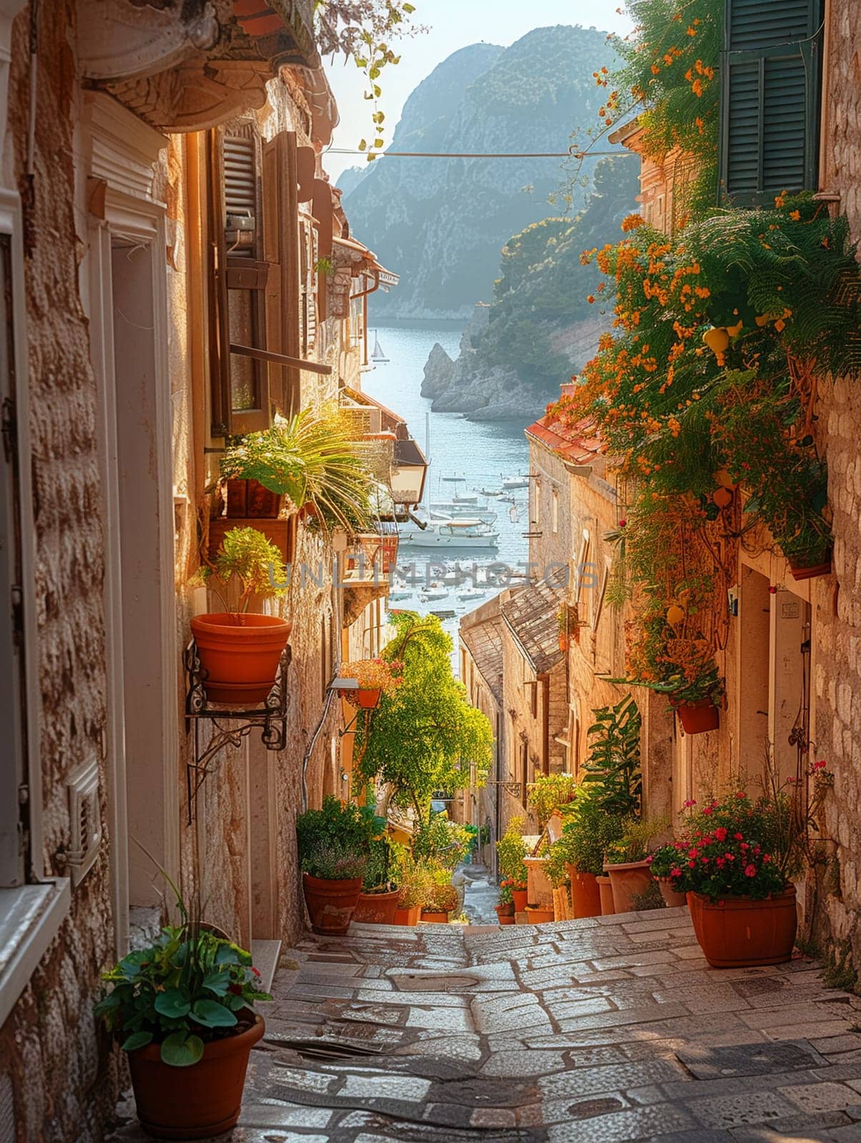 A narrow alley bathed in warm sunlight flanked by historic buildings by Benzoix