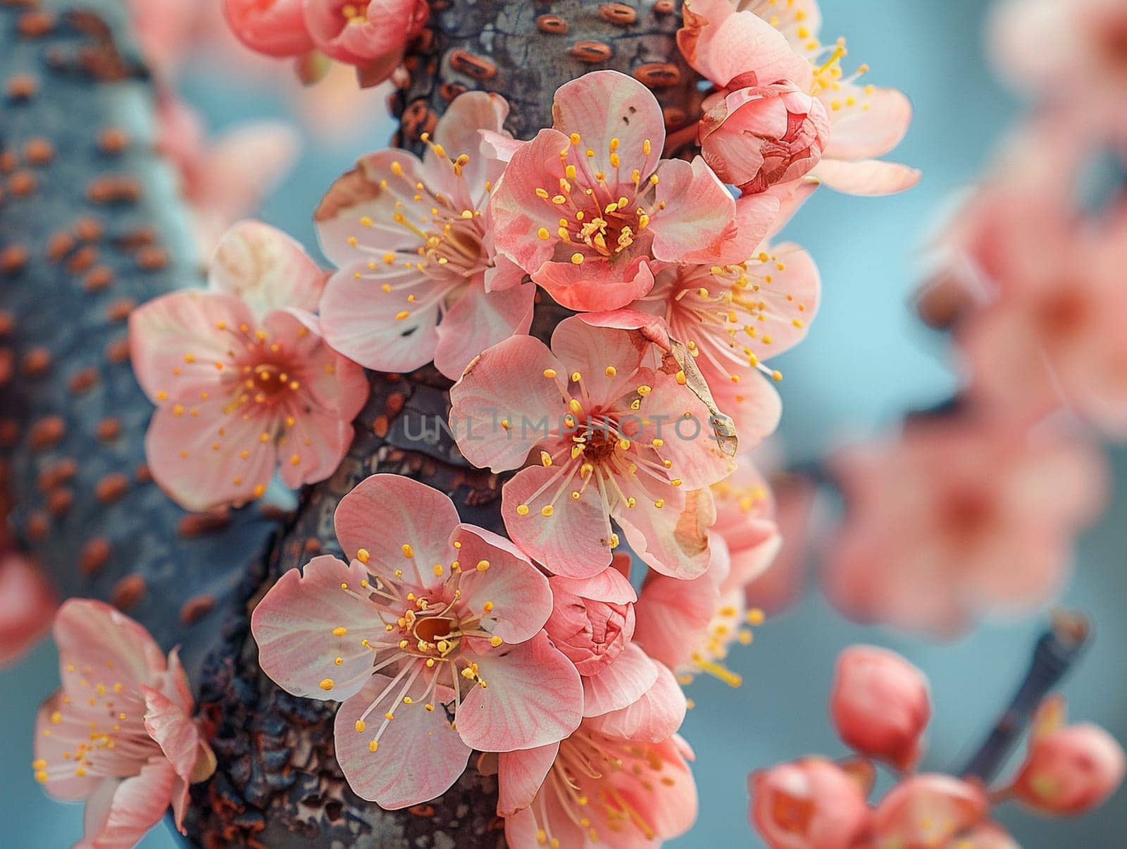 Blooming cherry blossoms against blue sky, ideal for spring and floral themes. Rough bark texture of an old tree, great for nature and rustic designs.