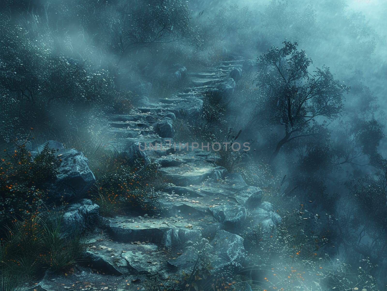 A pathway through a mystical foggy forest, inviting exploration and adventure.