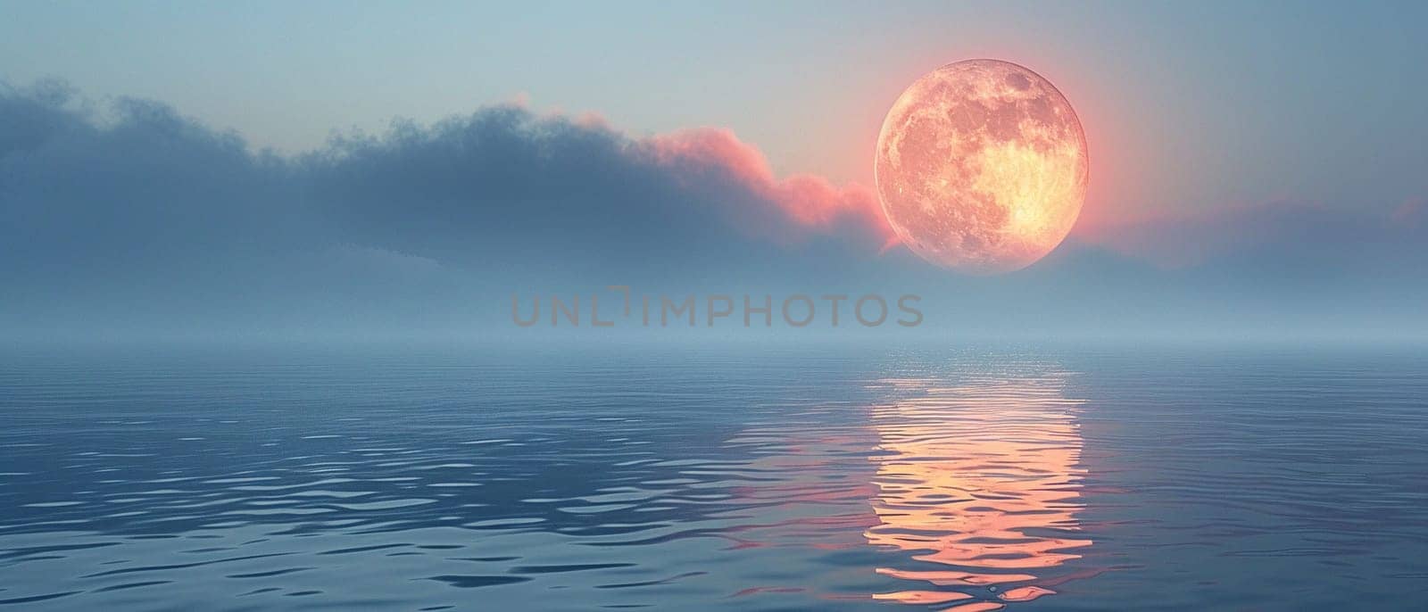 A full moon rising over a tranquil sea, evoking mystery and the beauty of the night.