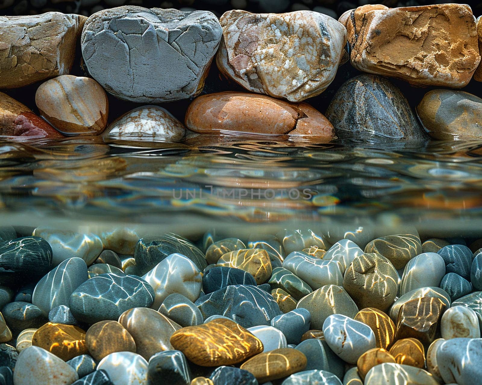 Smooth pebbles under clear stream water, for peaceful and zen-like designs.