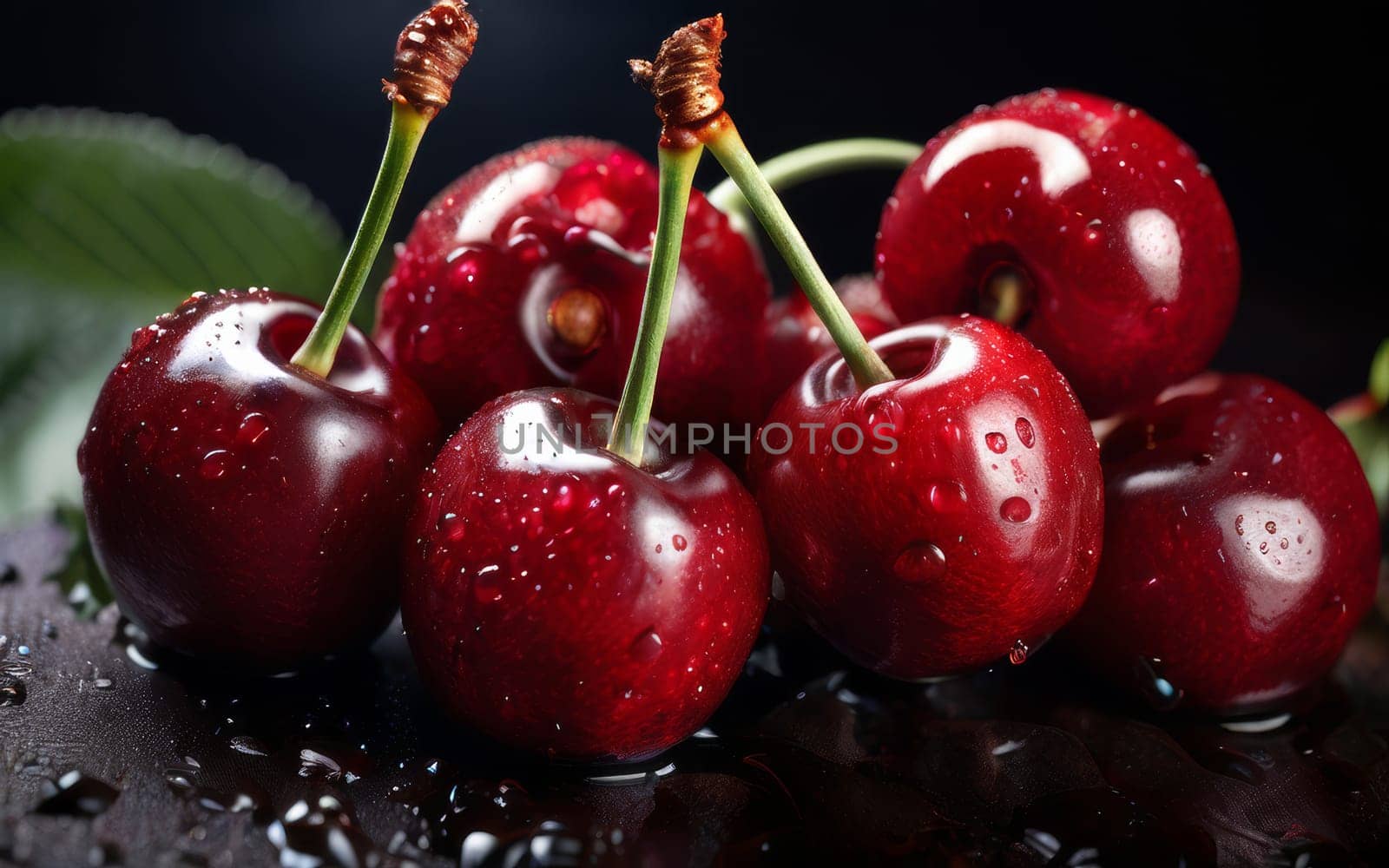 Aesthetic image of red ripe cherries on dark background