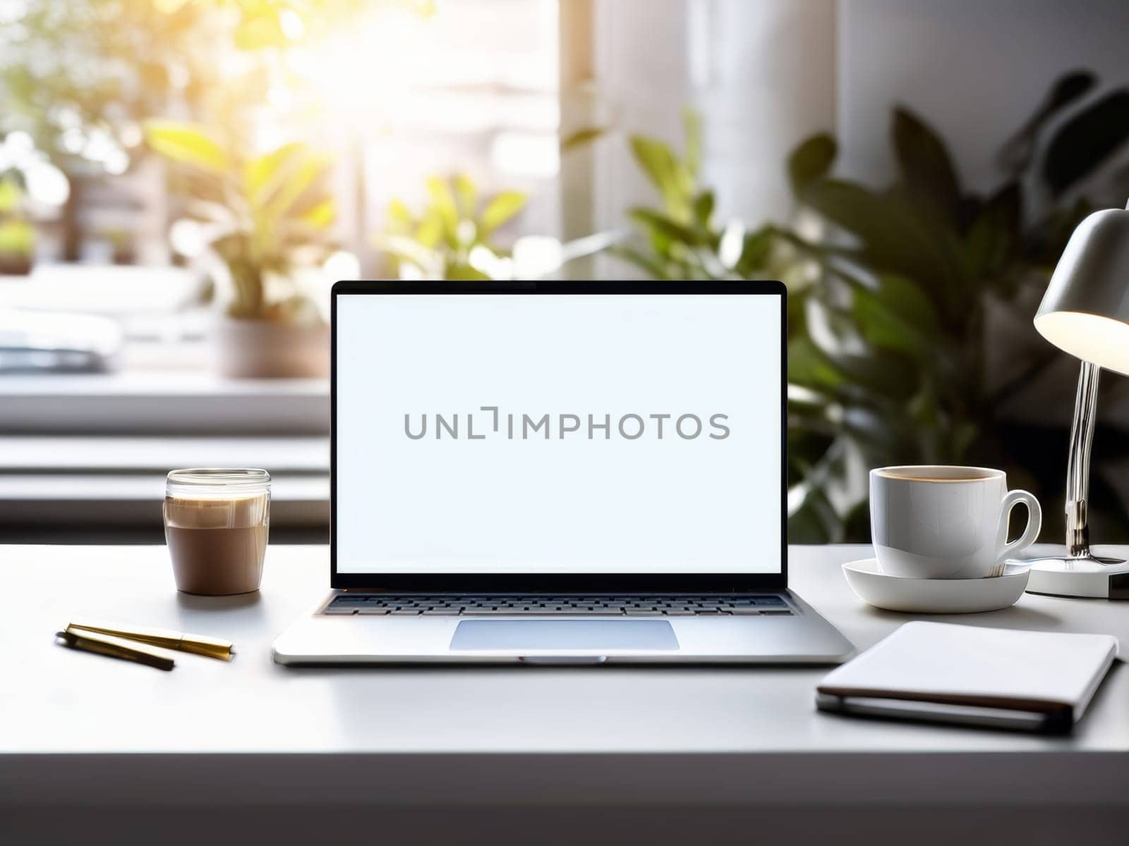 Open modern laptop with blank white screen on table in cozy room interior, mockup. Empty laptop screen on table in modern room interior, mockup